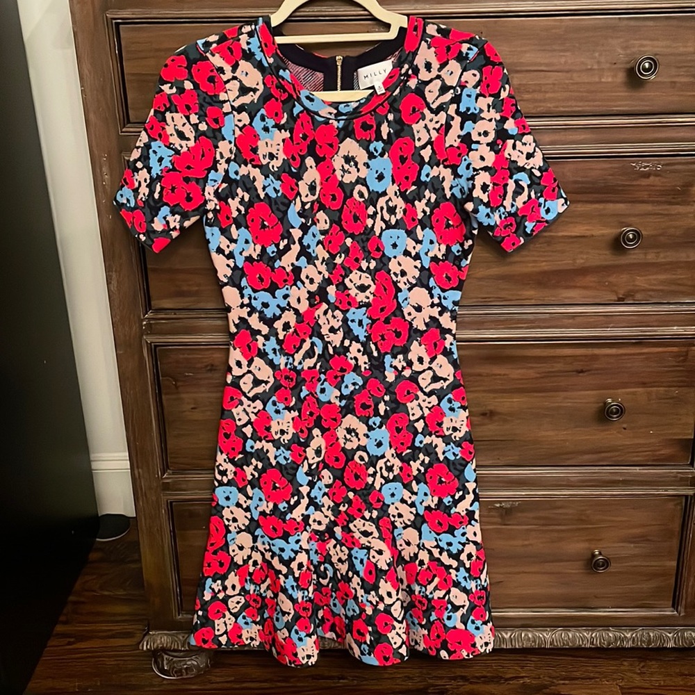 Milly floral red stretchy fitted dress